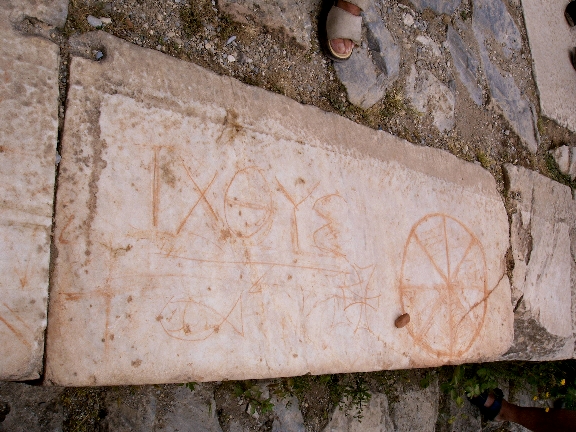 The Greek ichthus letters, the letters combined as a wheel, the ichthus sign, and the Maltese cross